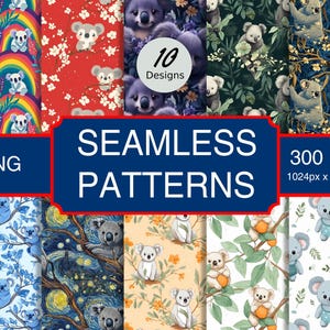 May include: A set of 10 seamless digital patterns featuring cute koala bears in various poses and settings. The patterns are in PNG format, 300 DPI, and 1024 x 1024 pixels. The patterns include a rainbow, cherry blossoms, a starry night, and more.