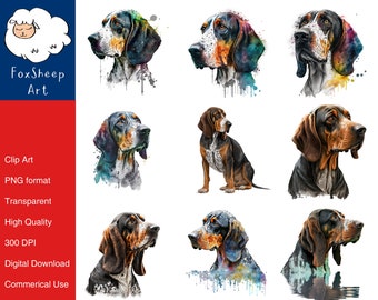 9 Coonhound Dog Clipart High-Quality PNG Image, Print, Paper, Art, Craft, Card, Watercolor, Clip, Commercial Use, Digital Download
