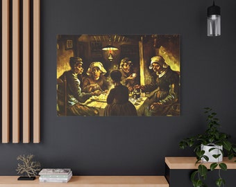 May include: A painting depicting a group of people seated around a table in a dimly lit room. The people are wearing simple clothes and appear to be enjoying a meal. The painting is in a style typical of Vincent van Gogh, with bold brushstrokes and vibrant colours.