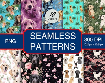 Könnte beinhalten: Ein Set mit 10 nahtlosen digitalen Mustern, die verschiedene Hunderassen in verschiedenen Umgebungen zeigen. Die Muster beinhalten Hunde mit Blumen, tropischen Blättern, Herzen und Kirschblüten. Der Text "10 Designs" und "Seamless Patterns" wird auf einem blauen Banner angezeigt. Der Text "300 DPI 1024px x 1024px" wird auf einem roten Banner angezeigt. Die Muster sind im PNG-Format verfügbar.