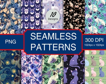 Thai Blue Point Thai Lilac Point Cat Pattern #A1 Seamless Pattern High-Quality Png Image, Print, Paper, Commercial Use, Digital Download