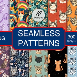 Puede incluir: Un conjunto de 10 patrones digitales sin costuras con gatos lindos en varios estilos. Los patrones están en formato PNG y tienen una resolución de 300 DPI, 1024px x 1024px. Los patrones incluyen gatos con arcoíris, flores y hojas tropicales.