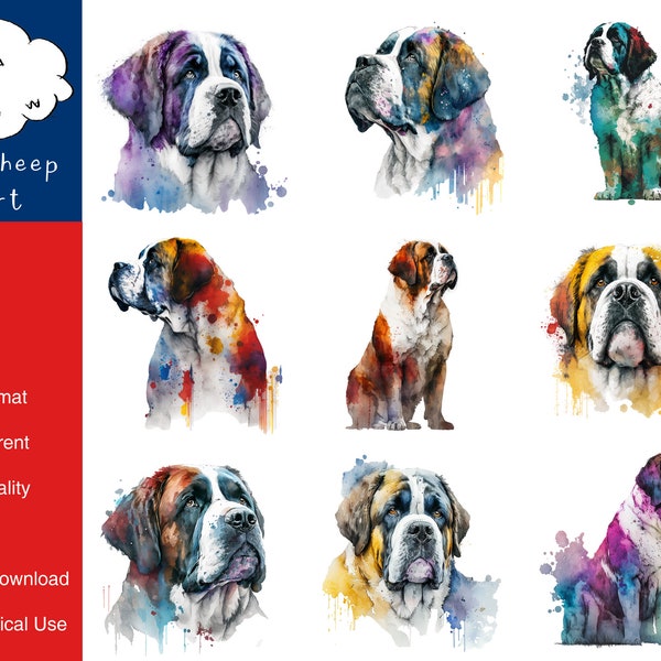 9 Saint Bernard Dog Clipart High-Quality PNG Image, Print, Paper, Art, Craft, Card, Watercolor, Clip, Commercial Use, Digital Download