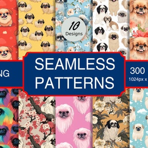 May include: Ten digital seamless patterns featuring Pekingese dogs in various poses and settings. The patterns are in PNG format and are 300 DPI, 1024px x 1024px.