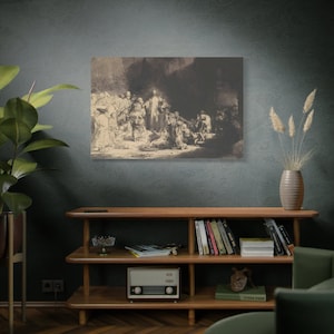 May include: A black and white etching of a religious scene depicting Jesus Christ surrounded by a group of people. The scene is set in a dimly lit room with a single light source illuminating the figures.