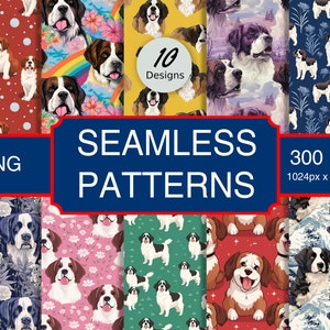 May include: Ten digital seamless patterns featuring a Bernese Mountain Dog in various poses and settings. The patterns are in a variety of colours, including red, blue, green, pink, yellow, and white. The patterns are 300 DPI and 1024 x 1024 pixels.