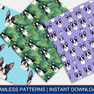 May include: Three seamless patterns featuring Boston Terrier dogs. One pattern has a blue background with white polka dots, another has a purple background with white polka dots, and the last pattern has a green background with palm leaves.