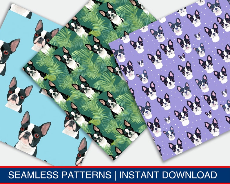 May include: Three seamless patterns featuring Boston Terrier dogs. One pattern has a blue background with white polka dots, another has a purple background with white polka dots, and the last pattern has a green background with palm leaves.