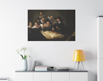 May include: A painting depicting a group of men gathered around a table, observing a body being dissected. The men are dressed in 17th-century clothing, and the scene is lit by a single light source. The painting is a classic example of Dutch Golden Age art.