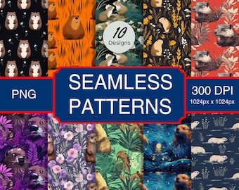 May include: A set of 10 digital seamless patterns featuring various animal illustrations. The patterns include otters, bears, and flowers in a variety of colors and styles. The patterns are 300 DPI and 1024px x 1024px.