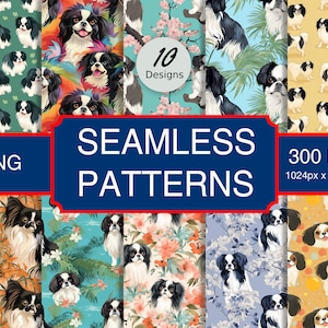 Op de afbeelding: Tien digitale naadloze patronen met schattige zwart-witte Japanse Chin-honden in verschillende poses en omgevingen. De patronen omvatten bloemmotieven, tropische bladeren en geometrische vormen. De patronen zijn perfect voor knutsel-, scrapbooking- en digitale ontwerp projecten.