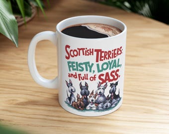 SCOTTISH TERRIER: Cute Scottish Terrier Art on White Ceramic Coffee Mug Cup, Dog Lover Gift for Coffee & Tea Fans