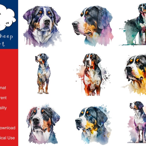 9 Greater Swiss Mountain Dog Clipart High-Quality PNG Image, Print, Paper, Art, Card, Watercolor, Clip, Commercial Use, Digital Download