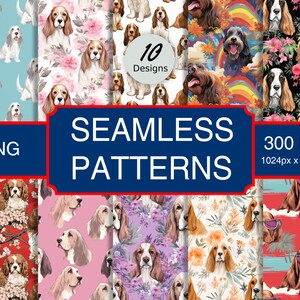 May include: Ten seamless digital paper patterns featuring illustrations of basset hounds in various poses and settings. The patterns include floral designs, tropical leaves, rainbows, and stripes. The patterns are 300 DPI and 1024 x 1024 pixels.