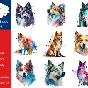 9 immagine PNG di alta qualità Clipart del cane da pastore islandese, stampa, carta, arte, artigianato, carta, acquerello, clip, uso commerciale, download digitale