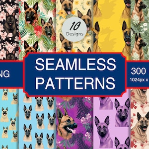 May include: A set of 10 digital seamless patterns featuring Belgian Malinois dogs in various poses and colors. The patterns are 1024 x 1024 pixels and 300 DPI. The patterns are available in PNG format.
