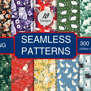 Peut inclure: Un ensemble de 10 motifs numériques sans couture mettant en scène de jolis chats dans diverses poses et décors. Les motifs sont au format PNG, 300 DPI et 1024 x 1024 pixels. Les motifs comprennent des designs floraux, tropicaux et géométriques.
