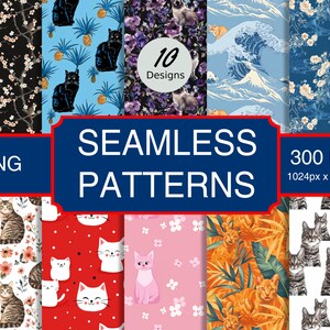 Puede incluir: Diez patrones digitales sin costuras con gatos en varios estilos. Los patrones incluyen gatos con piñas, flores, olas y más. Los patrones son de 1024 x 1024 píxeles y 300 DPI.