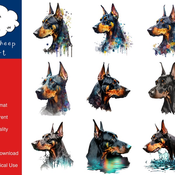 9 Doberman Pinscher Dog Clipart High-Quality PNG Image, Print, Paper, Art, Craft, Card, Watercolor, Clip, Commercial Use, Digital Download