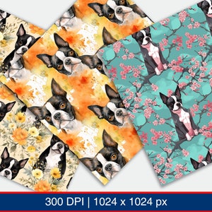 May include: Three digital paper patterns featuring Boston Terrier dogs. The first pattern has a yellow and orange watercolor background with white flowers. The second pattern has a blue watercolor background with pink flowers. The third pattern has a light blue watercolor background with pink flowers.