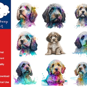May include: A set of eight digital clip art images featuring a watercolor-style illustration of a doodle dog puppy. The puppy is depicted in various poses, including sitting, standing, and swimming. The images are in PNG format and are transparent, making them ideal for use in a variety of creative projects.