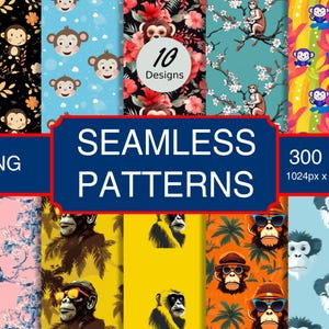 May include: A set of 10 seamless digital patterns featuring monkeys in various styles. The patterns are in PNG format and are 300 DPI, 1024px x 1024px. The patterns include monkeys with sunglasses, monkeys in floral patterns, monkeys in jungle settings, and monkeys in cartoon styles.