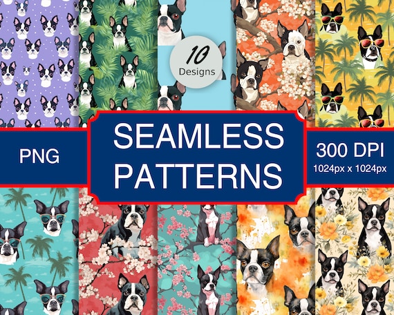 Cute Boston Terrier Puppy Dog Canine #A1 Seamless Pattern High-Quality Png Image, Print, Paper, Art, Clip, Commercial Use, Digital Download