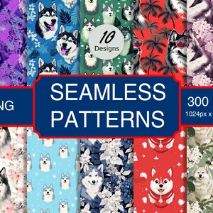 Peut inclure: Un ensemble de 10 motifs sans couture présentant divers motifs colorés avec des chiens husky. Les motifs mesurent 1024px x 1024px et 300 DPI. Le texte "10 Designs" et "Seamless Patterns" est inclus dans l'image.