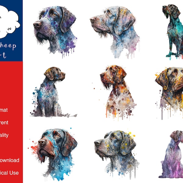 9 German Wirehaired Pointer Dog Clipart High-Quality PNG Image, Print, Paper, Art, Card, Watercolor, Clip, Commercial Use, Digital Download