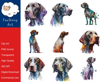 9 German Shorthaired Pointer Dog Clipart High-Quality PNG Image, Print, Paper, Art, Card, Watercolor, Clip, Commercial Use, Digital Download