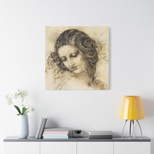 May include: A black and white drawing of a woman's head and shoulders. The woman has long, curly hair and is looking down. The drawing is on a light brown background.