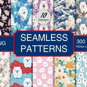 May include: A set of 10 digital seamless patterns featuring white fluffy dogs in various settings. The patterns include cherry blossoms, ocean waves, oranges, and snowflakes. The patterns are 1024 x 1024 pixels and 300 DPI.