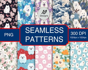 May include: A set of 10 digital seamless patterns featuring white fluffy dogs in various settings. The patterns include cherry blossoms, ocean waves, oranges, and snowflakes. The patterns are 1024 x 1024 pixels and 300 DPI.