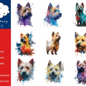 以下が含まれることがあります： 水彩画風のケアンテリアのデジタルクリップアート画像8点セット。各画像は、犬のカラーパレットとポーズが異なります。画像は高品質で、デジタルプロジェクトでの使用に最適です。