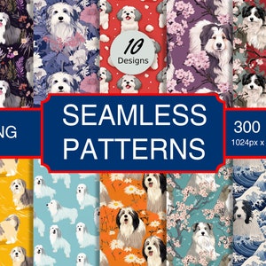 Könnte beinhalten: Ein Set mit 10 digitalen nahtlosen Mustern mit verschiedenen Hunderassen in unterschiedlichen Stilen. Die Muster sind 300 DPI und 1024 x 1024 Pixel groß. Die Muster sind im PNG-Format. Der Text "SEAMLESS PATTERNS" wird in einem blauen Banner angezeigt.