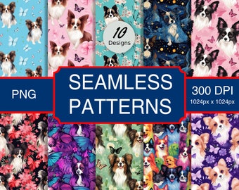 Cute Papillon Puppy Dog Canine #A1 Seamless Pattern High-Quality Png Image, Print, Paper, Art, Craft, Commercial Use, Digital Download
