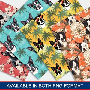 May include: Four different seamless patterns featuring Boston Terrier dogs wearing sunglasses. The patterns include a red background with white flowers, a blue background with palm trees, a yellow background with palm trees, and an orange background with white flowers.