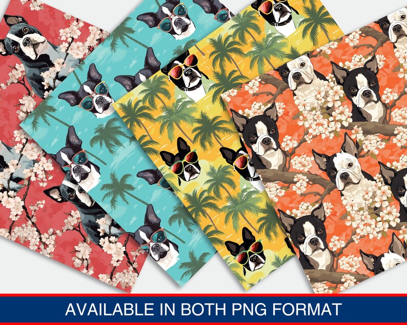 May include: Four different seamless patterns featuring Boston Terrier dogs wearing sunglasses. The patterns include a red background with white flowers, a blue background with palm trees, a yellow background with palm trees, and an orange background with white flowers.