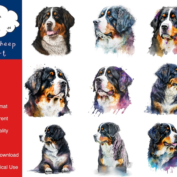 9 Bernese Mountain Dog Clipart High-Quality PNG Image, Print, Paper, Art, Craft, Card, Watercolor, Clip, Commercial Use, Digital Download