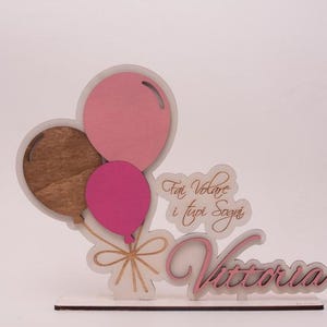 Può includere: Elemento decorativo in legno con tre palloncini rosa e marroni. Il nome "Vittoria" è in corsivo rosa, con la frase "Fai Volare i tuoi Sogni". Il pezzo è montato su una base nera, ideale per una cameretta.