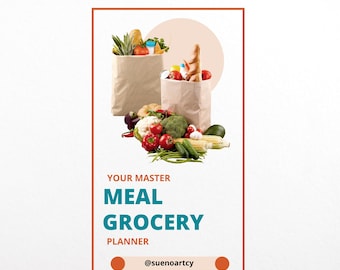 May include: A meal grocery planner with text reading YOUR MASTER MEAL GROCERY PLANNER and @suenoartcy. The design features two brown paper grocery bags filled with fresh produce including broccoli, tomatoes, corn, and green beans on a white background.
