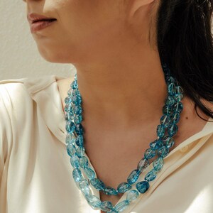 Oceaanblauwe edelsteen dubbele streng ketting, gelaagde statement sieraden