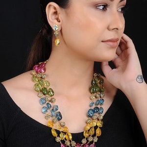 3 Layer Multi color Stone Necklace Stone Indian Mala Kundan Jewelry Indian Necklace Sari Necklace Stone Necklace Sabyasachi Jewelry