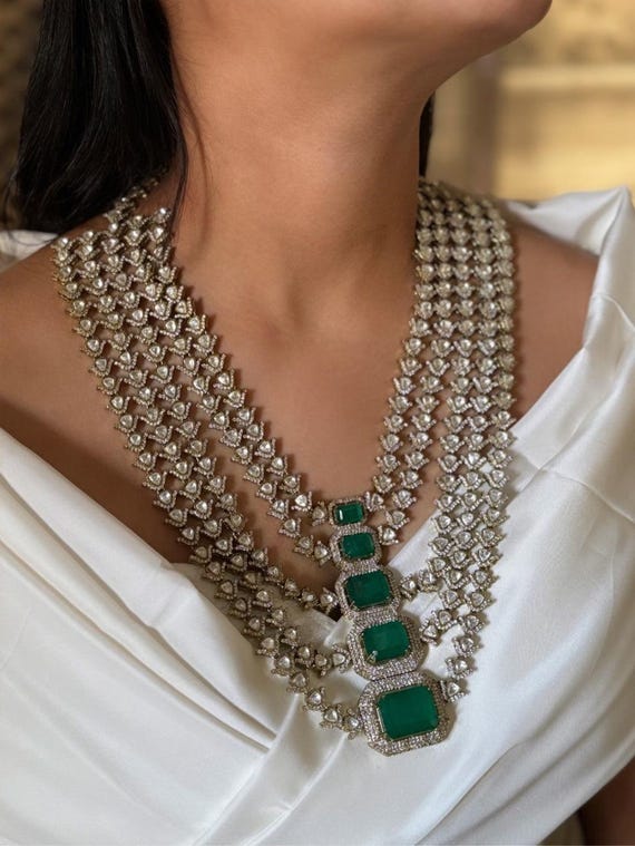 Luxury Emerald Layered Necklace | Bridal Statement Choker | Green Polki Diamond Necklace | Indian Wedding Jewelry | Handmade Kundan Necklace