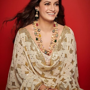 3 Layer long Necklace /Necklace of semi precious stones and pearls/ Kundan Necklace/ Sabyasachi jewellery/ Victorian Necklace/Navratna Set