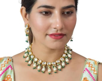 Kundan Polki Choker Necklace Set | Indian Bridal Pearl Jewelry