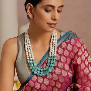 Collar de perlas y piedras aguamarina, collar nupcial de múltiples hilos, elegante joyería nupcial hecha a mano, collar de perlas en capas, joyería étnica india
