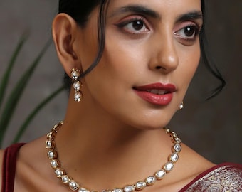 Gold-Plated Kundan/Studded Necklace & Earrings Set/Bollywood Jewelry/Party Wear