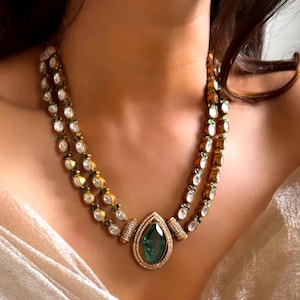 Fine Gold Finish Emerald Green Doublet Stones Uncut Moissanite Polki Kundan Wedding Jewelry Necklace Set Bridal Double Layer Necklace