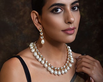 White Gold Tone Kundan Necklace Set with Pearls/ Gift For Her/ Pearl Long Necklace/ Indian Wedding Necklace/ AD and CZ Diamond Necklace